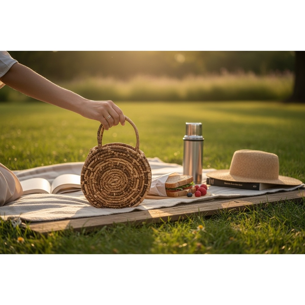 Round Woven Straw Tote Bag Natural‎ Coiled Spiral Circle Basket Boho  Handbag